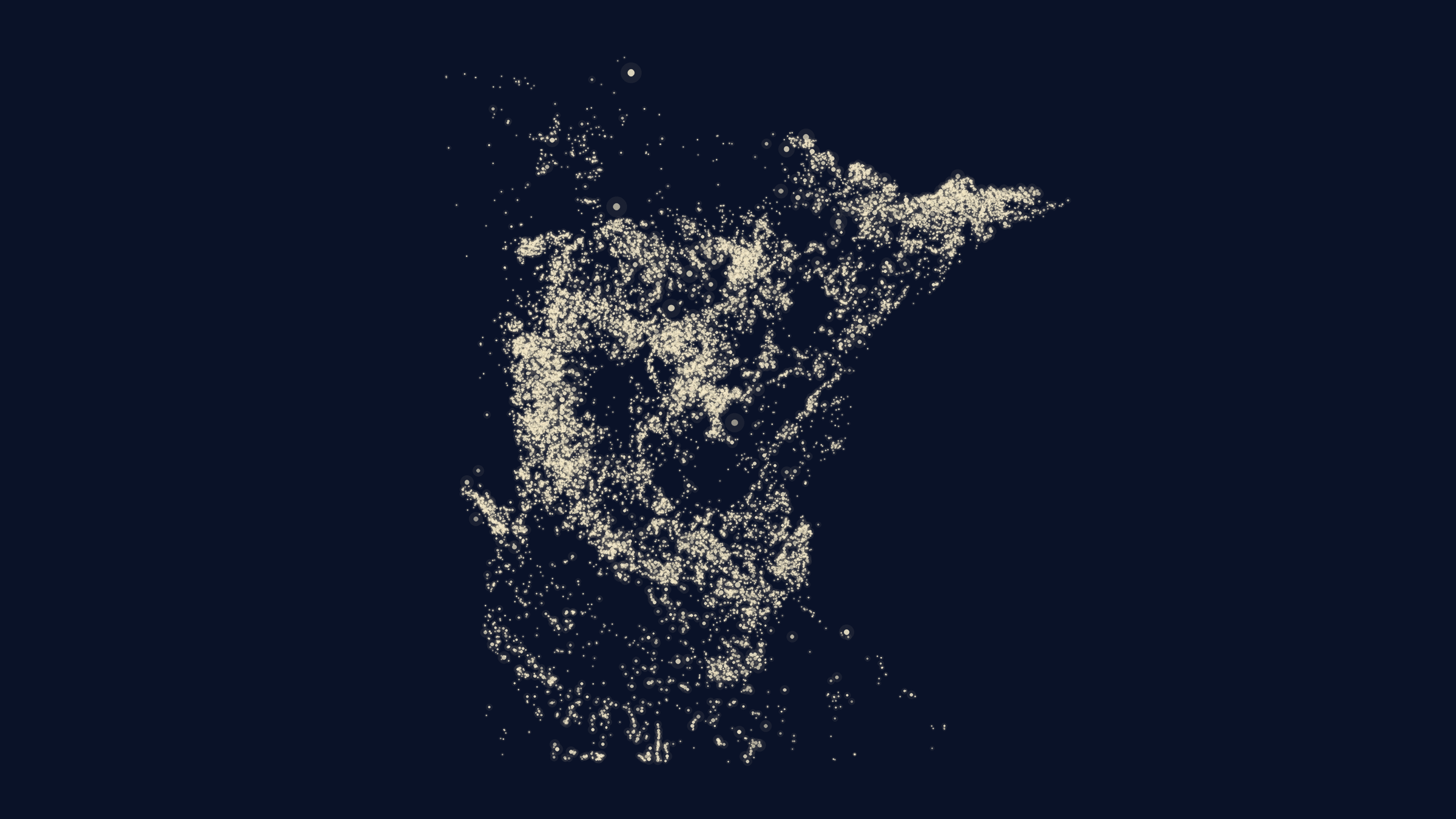 All 14,154 Minnesota lakes rendered as points of light forming the shape of the state, no outline drawn