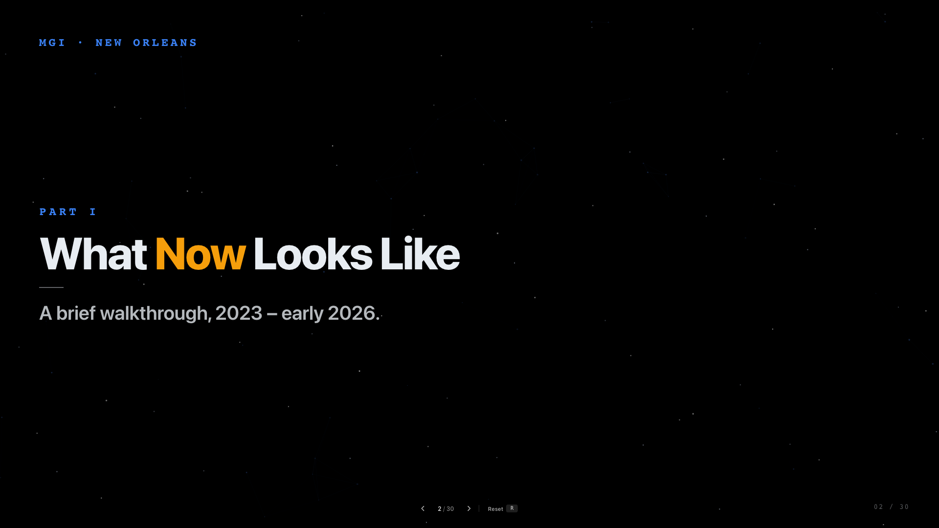 Slide 02: Part I: What Now Looks Like. A section divider for the first part of the talk.