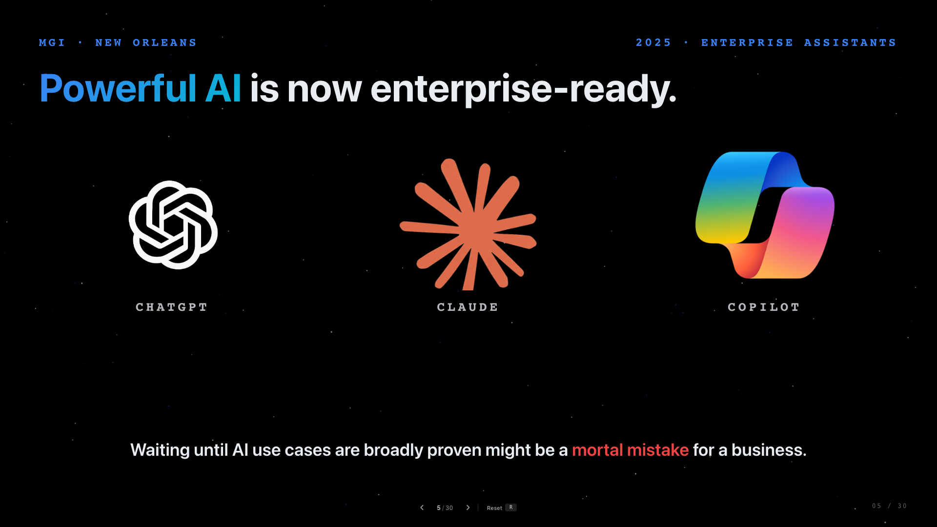 Slide 05: Available To All. A platform availability slide showing enterprise AI becoming broadly accessible.