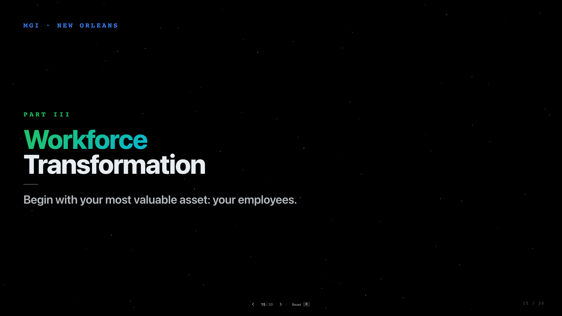 Slide 15: Part III: Workforce Transformation. A section divider for workforce transformation.