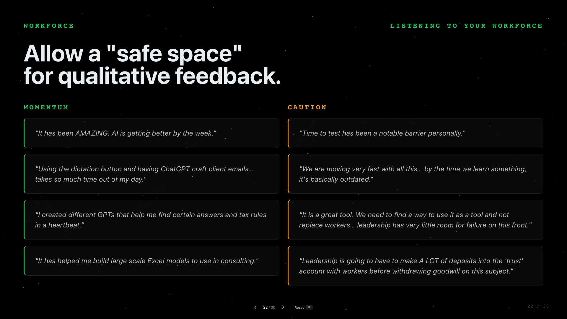 Slide 22: Allow A Safe Space For Qualitative Feedback. A qualitative feedback slide balancing enthusiasm and caution.