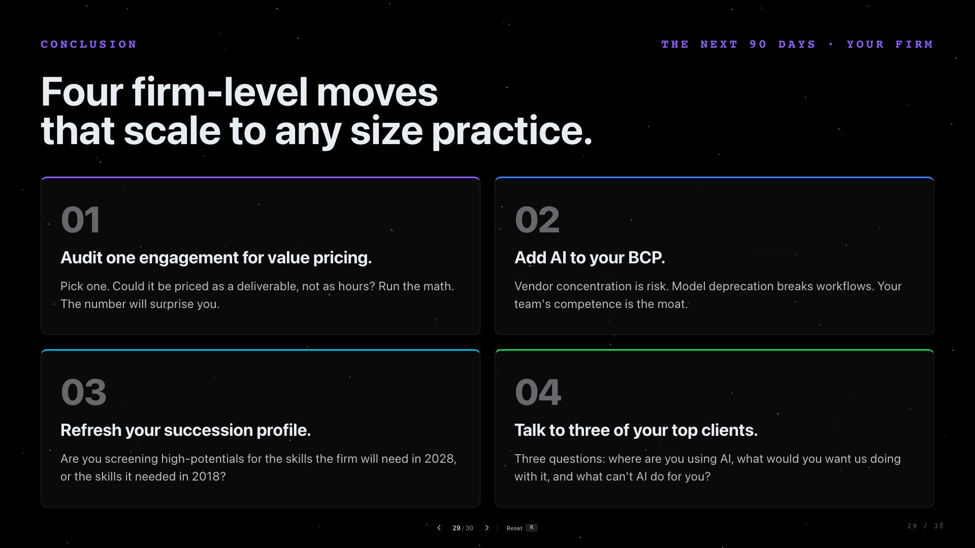 Slide 29: The Next 90 Days: Your Firm. A next-90-days checklist for the firm.